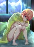  1girl bed_sheet blue_eyes bouya breasts cityscape closed_mouth commentary_request completely_nude crossed_arms go-toubun_no_hanayome hair_between_eyes highres indoors knees_up large_breasts looking_at_viewer nakano_ichika naked_sheet nude on_bed pink_hair short_hair sitting smile solo window 