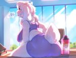  anthro athletic_wear blush bodily_fluids bovid breasts butt caprine female fur goat horn humanoid mammal red_eyes sitting solo sweat text toriel undertale_(series) vallshad white_body white_fur 