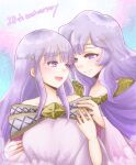  2girls anniversary circlet deirdre_(fire_emblem) dress fire_emblem fire_emblem:_genealogy_of_the_holy_war hand_on_another&#039;s_shoulder highres holding holding_another&#039;s_arm julia_(fire_emblem) long_hair looking_at_another mother_and_daughter multiple_girls parent_and_child purple_eyes purple_hair smile wide_sleeves yuurifeh 