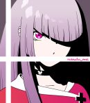  1girl black_choker blunt_bangs character_name choker covered_mouth cross hair_over_one_eye high_contrast indie_virtual_youtuber long_hair looking_at_viewer magari_(c0rn3r) one_eye_covered pink_eyes portrait purple_background purple_hair rokudou_mei shadow simple_background solo virtual_youtuber 