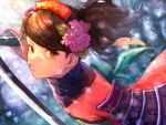  1girl armor brown_eyes brown_hair closed_mouth comb domodesu flower hair_flower hair_ornament hatching_(texture) holding holding_sword holding_weapon japanese_armor katana long_hair looking_at_viewer momohime oboro_muramasa painterly pauldrons pink_flower shoulder_armor single_pauldron sode solo sword upper_body vambraces weapon 