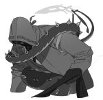  1other ambiguous_gender arknights chong_yue_(arknights) coat commentary_request doctor_(arknights) dragon_tail facing_down gloves greyscale hood hood_up hooded_coat jjeobjjeobdogta_(wjqwjqehrxk) korean_commentary long_sleeves mask monochrome out_of_frame simple_background tail tail_wrap white_background 