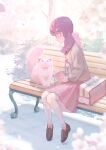  1girl animal bag bench blurry blurry_background blurry_foreground blush book bow bowtie branch brown_footwear brown_shirt bush cat cherry_blossoms closed_mouth falling_petals flower hair_ornament hairclip highres holding holding_book ito_haruko kneehighs leaf long_hair long_sleeves looking_at_animal low_twintails on_bench original petals pink_bow pink_bowtie pink_cat pink_eyes pink_flower pink_hair pink_petals pink_sailor_collar pink_skirt pink_socks pink_theme pleated_skirt sailor_collar school_bag shirt sitting skirt socks spring_(season) tree twintails 
