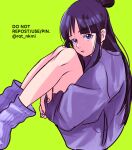  1girl ace_attorney black_hair closed_mouth fingerless_gloves from_side gloves green_background hair_bun knees_to_chest knees_up long_hair looking_at_viewer maya_fey purple_eyes purple_socks purple_sweater rat_nkmi sitting socks solo sweater twitter_username 