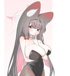  1girl animal_ears arm_between_breasts arm_under_breasts between_breasts black_hair black_hairband black_leotard black_pantyhose blue_archive bow breasts colored_inner_hair detached_collar fox_ears hair_bow hairband halo highres huge_breasts leotard long_hair looking_at_viewer multicolored_hair pantyhose pink_hair playboy_bunny red_bow red_halo smsm516 solo wakamo_(blue_archive) yellow_eyes 