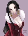  1girl bangs black_eyes black_hair boa_hancock breasts brown_background cleavage coat collarbone earrings fur-trimmed_coat fur_trim ginshima_jill highres jewelry large_breasts long_hair one_piece open_mouth parted_bangs red_coat simple_background snake_earrings solo upper_body 