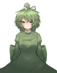  1girl absurdres closed_mouth commentary cross-laced_clothes dress green_dress green_hair highres juliet_sleeves long_sleeves looking_at_viewer puffy_sleeves short_hair simple_background smile soga_no_tojiko solo takana_(forsterite) touhou variant_set white_background 