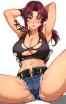  1girl abs absurdres arm_tattoo armpits arms_up black_lagoon black_tank_top blue_shorts blush breasts brown_eyes brown_hair cetta_(cettadvd) cleavage crop_top cutoffs denim denim_shorts hair_intakes highres large_breasts long_hair looking_at_viewer midriff navel parted_lips ponytail revy_(black_lagoon) shirt short_shorts shorts sidelocks sitting solo spread_legs stomach tank_top tattoo thighs torn_clothes torn_shirt 