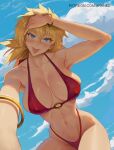  1girl araneesama bare_shoulders bikini blonde_hair blue_eyes blush breasts cleavage collarbone hellsing highres large_breasts looking_at_viewer navel open_mouth seras_victoria short_hair smile solo swimsuit thighs tongue tongue_out 