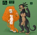  after_transformation anthro black_body black_fur brainwashing breasts brown_body cait_(mr-haitch) colored_nails dreadlocks duo ear_piercing female fur genitals green_eyes hair haplorhine implied_transformation long_hair male mammal monkey mr-haitch nails orange_body orange_fur orange_hair pale penis piercing primate pussy size_difference small_breasts smaller_female speech_bubble spiral_eyes tail tama_(mr-haitch) transformation 