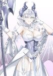  1girl absurdres breasts cleavage demon_girl demon_horns dress duel_monster grin halberd highres holding holding_polearm holding_weapon horns large_breasts leotard looking_at_viewer lovely_labrynth_of_the_silver_castle low_wings pointy_ears polearm smile synchroman thighhighs twintails weapon white_dress white_eyes white_hair wings yu-gi-oh! zettai_ryouiki 