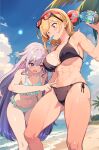  2girls ^^^ abs ass_visible_through_thighs bare_arms bare_shoulders beach bikini black_bikini blonde_hair blue_sky blush breasts can cloud colored_inner_hair commentary day english_commentary eyewear_on_head feet_out_of_frame frilled_bikini frills green_bikini hairband highres holding holding_can hololive hololive_english hololive_indonesia kaela_kovalskia koseki_bijou large_breasts lens_flare long_hair multicolored_hair multiple_girls navel ocean open_mouth outdoors palm_tree pink_hair poking popo_(popo0cat) purple_eyes purple_hair red_eyes red_hairband shore side-tie_bikini_bottom sky small_breasts spitting standing stomach string_bikini sunglasses swimsuit thigh_gap toned tree two-tone_hair underboob very_long_hair virtual_youtuber water 