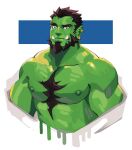  1boy abs bara bare_pectorals beard chest_tuft colored_skin cropped_torso earrings facial_hair full_beard green_skin highres hydaus jewelry large_pectorals looking_at_viewer mature_male monster_boy muscular muscular_male nipples off_shoulder orc original pectorals pointy_ears sanpaku seductive_smile short_hair sideburns_stubble smile stubble thick_beard thick_eyebrows tusks undressing 