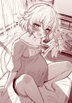  1girl breasts fate/grand_order fate_(series) highres jack_the_ripper_(fate/apocrypha) looking_at_viewer m-da_s-tarou monochrome open_mouth pregnant scar scar_across_eye scar_on_cheek scar_on_face short_hair short_sleeves shorts sketch small_breasts smile 