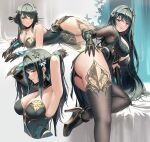  1girl armpits ass bed black_gloves black_panties black_thighhighs blush breasts brown_eyes clawed_gauntlets cleavage dress earrings flower foot_out_of_frame full_body gloves green_dress green_hair hair_bun hair_flower hair_ornament hand_in_own_hair hanying_(punishing:_gray_raven) high_heels highres jewelry large_breasts long_hair looking_at_viewer lying mole mole_under_eye multicolored_hair multiple_views on_side panties parted_lips pelvic_curtain presenting_armpit punishing:_gray_raven silence_girl smile streaked_hair thighhighs thighs underwear upper_body very_long_hair 