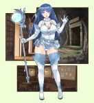  1girl belt blue_eyes blue_hair bookshelf boots breasts bulletin_board chair cleavage elbow_gloves full_body gloves hand_up highres holding holding_staff large_breasts leotard nino_(pixiv_64539552) original potion pouch staff standing table thigh_boots white_footwear white_gloves wizard 