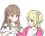  2girls :o aqua_hair blonde_hair blue_eyes blue_shirt blush brown_hair check_commentary closed_mouth commentary_request eye_contact flower fujishima_megumi gradient_hair hair_flower hair_ornament holding_hands jacket link!_like!_love_live! long_hair looking_at_another love_live! mira-cra_park! multicolored_hair multicolored_shirt multiple_girls off-shoulder_shirt off_shoulder open_clothes open_jacket osawa_rurino parted_bangs pink_flower pink_jacket pink_shirt purple_eyes shirt simple_background smile split_mouth tazaki_masanobu twintails two_side_up upper_body virtual_youtuber white_background white_flower white_shirt yellow_shirt 