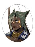  1boy 5altybitter5 animal_ears border bow_(weapon) braid cat_ears closed_mouth cross_scar dark-skinned_male dark_skin final_fantasy final_fantasy_xiv green_hair igor_(5altybitter5) male_focus miqo&#039;te multicolored_hair original portrait round_border scar scar_across_eye scar_on_cheek scar_on_face smile solo streaked_hair warrior_of_light_(ff14) weapon white_eyes 
