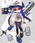  1girl :&lt; baseball_cap black_leggings blue_footwear blue_hair blue_pupils blunt_bangs bracelet braid breasts chain chain_necklace closed_mouth commission cropped_sweater cross-laced_footwear e-liter_4k_(splatoon) earrings english_commentary full_body graffiti grey_background grey_sweater hat highres holding holding_weapon hoop_earrings inkling inkling_girl inkling_player_character jewelry large_breasts leggings long_hair midriff navel necklace pointy_ears print_headwear puchiman red_eyes ribbed_sweater shoes single_braid sneakers solo splashtag_(splatoon) splatoon_(series) splatoon_3 standing suction_cups sweater tentacle_hair turtleneck turtleneck_sweater very_long_hair watch weapon weapon_behind_back wristwatch 