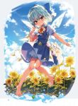  artist_request barefoot bloomers blue_bow blue_dress blue_eyes blue_hair blue_sky blue_wings bow cirno cloud cloudy_sky collared_shirt dress fairy flower full_body grin hair_bow highres ice ice_wings official_art pinafore_dress plant puffy_short_sleeves puffy_sleeves red_ribbon ribbon shirt shnva short_hair short_sleeves sky smile sunflower tan tanned_cirno toenails toes touhou underwear v-shaped_eyebrows vines white_bloomers wings 