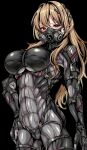  1girl abs absurdres arm_at_side armored_bodysuit black_background blonde_hair bodysuit breasts covered_pussy hair_intakes hand_on_own_hip highres large_breasts long_hair looking_at_viewer muscular muscular_female original red_eyes respirator schopdehollyhotter skin_tight solo standing 