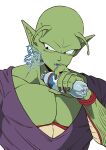  1boy antennae black_eyes black_nails bottle colored_skin dougi dragon_ball dragon_ball_super dragon_ball_super_super_hero green_skin highres holding holding_bottle male_focus paruko_(baalbeel11) piccolo pointy_ears purple_shirt shirt signature simple_background sleeveless sleeveless_shirt solo twitter_username upper_body v-neck white_background 