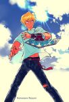  1boy artist_name backlighting belt blonde_hair blue_sky brown_eyes card cloud cloudy_sky commentary_request dated_commentary denim duel_disk hair_between_eyes jeans jewelry jonouchi_katsuya kemopoko25 looking_ahead male_focus navel necklace pants ring serious shirt short_hair sky solo standing sunlight t-shirt torn_clothes torn_jeans torn_pants wind wind_lift yu-gi-oh! yu-gi-oh!_duel_monsters 