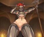  1girl abs absurdres armor artist_name ass_visible_through_thighs blush blush_visible_through_clothes bottomless from_below halberd heart helmet highres indoors knight nisetanaka original polearm pussy solo weapon 