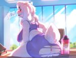 anthro anus athletic_wear blush bodily_fluids bovid breasts butt caprine clothing female fur genitals goat hi_res horn humanoid looking_back mammal pussy red_eyes sitting solo sweat text toriel torn_clothing undertale_(series) vallshad white_body white_fur 