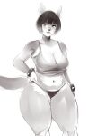  2021 anthro bamboo_ale belly big_breasts biped blush blush_lines bracelet breasts canid canine canis cleavage clothed clothing collar crop_top domestic_dog eyelashes female fur g-string greyscale hair hand_on_hip hi_res huge_thighs inner_ear_fluff jewelry lips looking_at_viewer mammal monochrome navel pantsless portrait sasha_(kafekafei) shirt short_hair simple_background slightly_chubby slightly_chubby_anthro slightly_chubby_female solo spiked_bracelet spikes standing tail tank_top thick_thighs three-quarter_portrait topwear tuft underwear white_background wide_hips 