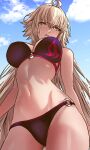  1girl absurdres ahoge bikini black_bikini blonde_hair blue_sky breasts cloud day fate/grand_order fate_(series) fukou highres jeanne_d&#039;arc_alter_(avenger)_(fate) jeanne_d&#039;arc_alter_(fate) jeanne_d&#039;arc_alter_(swimsuit_berserker)_(fate) large_breasts long_hair outdoors parted_lips sky solo swimsuit very_long_hair yellow_eyes 