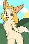  absurd_res anthro areola blonde_hair breasts brown_eyes canid canine female fennec_fox fox fur genitals hair hands_behind_back hi_res hikaridraws innie_pussy long_hair mammal medium_breasts navel nude open_mouth penny_fenmore pussy smile solo tan_body tan_fur true_fox 