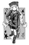  1girl bag bag_charm border braid charm_(object) dithering full_body greyscale hand_on_own_hip highres holding holding_bag horizontal-striped_socks inushima_(k_z_i_t_) jacket loafers long_hair looking_at_viewer monochrome necktie original outside_border pleated_skirt shirt shoes skirt socks solo standing star_(symbol) striped_clothes striped_headwear striped_socks twin_braids 