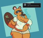  absurd_res animal_crossing anthro big_breasts big_butt bottomwear breasts butt canid canine clothing crop_top crossgender female hi_res huge_breasts huge_butt jewelry mammal mature_female nintendo nokamiwd raccoon_dog shirt shorts simple_background slightly_chubby solo tail tanuki thick_thighs tom_nook_(animal_crossing) topwear 