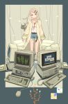  1girl :o atory_totory belt blonde_hair blouse border coat coiled_cord computer crt denim denim_shorts drawing_(object) expressionless floppy_disk gakuen_idolmaster grey_background grey_border hair_ornament hairclip highres idolmaster keyboard_(computer) lace-trimmed_shirt lace_trim long_hair looking_at_viewer monitor mouse_(computer) orange_eyes shinosawa_hiro shirt short_shorts shorts solo swept_bangs white_coat white_shirt wide_sleeves window_(computing) 