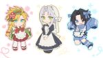 3boys alternate_costume apron arms_up back_bow black_dress black_hair blonde_hair blue_bow blue_eyes blue_footwear blue_jacket blue_outline blue_shorts blush_stickers bow braid chibi cloud_strife crisis_core_final_fantasy_vii crossdressing dress fang final_fantasy final_fantasy_vii flower frilled_apron frilled_bonnet frilled_headwear frills full_body geta green_eyes grey_hair hair_bow hair_flower hair_ornament hairband hands_up headband heart highres jacket japanese_clothes juliet_sleeves keiseki1 leg_warmers leggings light_smile lolita_hairband long_bangs long_hair long_sleeves looking_at_viewer maid maid_apron maid_day male_focus multiple_boys one_eye_closed outline own_hands_together parted_bangs pleated_skirt puffy_sleeves red_flower red_outline red_skirt sephiroth serious short_hair shorts simple_background skin_fang skirt sleeve_cuffs sparkle spiked_hair standing track_jacket twin_braids v very_long_sleeves white_apron white_background white_bonnet white_bow white_leggings wide_sleeves yellow_outline zack_fair 