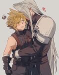  2boys armor arms_around_waist belt black_belt black_coat black_gloves black_pants black_sweater blonde_hair blush bracer cloud_strife coat covered_face embarrassed final_fantasy final_fantasy_vii final_fantasy_vii_remake gloves green_eyes grey_background grey_hair heart height_difference high_collar highres hug long_bangs long_coat long_hair long_sleeves male_focus multiple_belts multiple_boys open_mouth pants parted_bangs pauldrons sephiroth short_hair shoulder_armor simple_background single_pauldron sleeveless sleeveless_sweater sleeveless_turtleneck spiked_hair spoken_heart squiggle standing suspenders sweater turtleneck turtleneck_sweater upper_body very_long_hair yaoi yebuyeye 