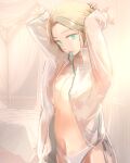  1girl adjusting_hair arms_up bed bedroom blanket blonde_hair breasts cleavage commentary fire_emblem fire_emblem:_three_houses green_eyes green_ribbon highres indoors ingrid_brandl_galatea mouth_hold navel open_clothes open_shirt panties ribbon ribbon_in_mouth sanami shirt solo standing topless underwear white_panties white_shirt 