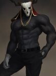  abs absurd_res belt biceps bone bottomwear clothed clothing doughblaster elias_ainsworth headgear headwear hi_res horn humanoid male muscular muscular_male nipples pants partially_clothed pecs red_eyes skull skull_head solo standing 