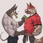  anthro belt biceps big_muscles black_bottomwear black_clothing black_pants blush bodily_fluids bottomwear canid canine canis clothing clothing_grab dobermann domestic_dog duo eye_contact food fur hi_res hyaenid looking_at_another male male/male mammal money muscular muscular_anthro muscular_male pants pinscher prostitution red_cap red_clothing red_shirt red_topwear shirt simple_background spots spotted_body spotted_fur sweat tight_clothing topwear white_background white_clothing white_shirt white_topwear wolfanine 