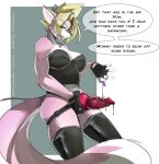  anthro blonde_hair breasts canid canine dialogue_box dildo dominant dominant_female english_text female fluffy fluffy_tail fox gamer2 hair holding_object latex_stockings looking_at_viewer lube lube_bottle mammal multicolored_body open_mouth pink_body sex_toy solo strapon text 