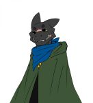  anthro black_body black_sclera cloak clothing exposed_flesh handkerchief hi_res kerchief kobold looking_away male monster patchwork_creature reks_(spoongod) scar sharp_teeth simple_background smile smirk solo spoongod teeth white_background 