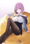  1girl absurdres azur_lane bangs bare_shoulders black_skirt blush breasts brown_pantyhose cellphone closed_mouth foot_out_of_frame gridman_universe highres holding holding_phone legs looking_away medium_breasts medium_hair mouth_hold nail_polish no_shoes official_alternate_costume pantyhose phone purple_eyes purple_hair purple_nails shinjou_akane shinjou_akane_(a_vacation_just_for_two) shirt sitting skirt smartphone solo ssss.dynazenon ssss.gridman thighs white_shirt zhanggong 