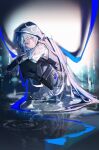  1boy absurdres androgynous arknights bishounen blue_hair full_body hair_ornament hairclip highres hood hoodie looking_at_viewer male_focus mizuki_(arknights) poifree purple_eyes reflecting_pool reflection short_hair solo spotlight squatting water 