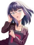  1girl bangs brown_eyes collarbone commentary_request glasses highres holding jacket logo matori_(pokemon) medium_hair oka_mochi open_mouth pokemon pokemon_(anime) pokemon_xy_(anime) purple_hair shirt sidelocks simple_background solo team_rocket tongue white_background 