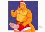  abs anthro bangaa beckoning belt biceps big_pecs blue)eyes bodily_fluids candy candy_cane candy_cane_in_mouth christmas christmas_clothing christmas_headwear claws clothing colored costume dessert dripping final_fantasy food genital_fluids genitals gesture hat headgear headwear holidays leaking_precum locke_(spoongod) looking_at_viewer male mistletoe muscular muscular_male orange_body pecs penis penis_through_fly piercing plant poking_out precum precum_drip santa_costume santa_hat sexy_santa shaded simple_background simple_shading smile smirk snow solo spoongod square_enix vein video_games 