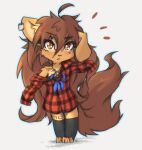 ahoge anthro apogee_(tinygaypirate) big_tail black_nose brown_body brown_eyes brown_fur brown_hair canid canine canis cheek_tuft chibi clothed clothing cowlick domestic_dog dreamcatcher dress_shirt ear_piercing emanata eyebrow_through_hair eyebrows eyelashes facial_markings facial_piercing facial_tuft female floppy_ears fur furgonomics furry-specific_piercing gauged_ear grey_background hair head_markings hi_res inner_ear_fluff jewelry leg_warmers legwear long_hair looking_at_viewer mammal markings messy_hair mottled mottled_nose muzzle_piercing necklace nose_piercing off_shoulder open_mouth oversized_shirt pattern_clothing pattern_shirt pattern_topwear piercing pink_nose plaid plaid_clothing plaid_shirt plaid_topwear raised_arms raised_eyebrow shadow shirt simple_background solo spitz standing tinygaypirate topwear translucent translucent_hair tuft 