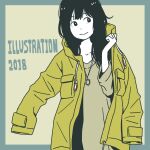  1girl 2018 bangs black_hair blue_border border closed_mouth coat colored_skin flat_color highres hosoo illustration.media jewelry light_brown_background long_hair looking_away looking_to_the_side necklace open_clothes open_coat original shirt sideways_glance sleeves_past_fingers sleeves_past_wrists smile solo translation_request white_skin yellow_coat 