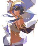  1girl arm_up bangs bare_shoulders black_hairband blue_eyes blue_nails blunt_bangs candace_(genshin_impact) character_name closed_mouth dark-skinned_female dark_skin egyptian_clothes english_commentary expressionless eye_of_horus genshin_impact gold_trim hair_intakes hair_ornament hair_over_shoulder hairband heterochromia highres jewelry lanhacy lips looking_at_viewer neck_ring revealing_clothes short_hair_with_long_locks simple_background solo twintails upper_body white_background yellow_eyes 