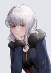  1girl absurdres bangs blush breasts cotta_(heleif) eyebrows_hidden_by_hair fate/grand_order fate_(series) grey_hair highres jacket jeanne_d&#039;arc_alter_(avenger)_(fate) jeanne_d&#039;arc_alter_(fate) jeanne_d&#039;arc_alter_(ver._shinjuku_1999)_(fate) jewelry necklace short_hair simple_background solo upper_body white_background yellow_eyes 